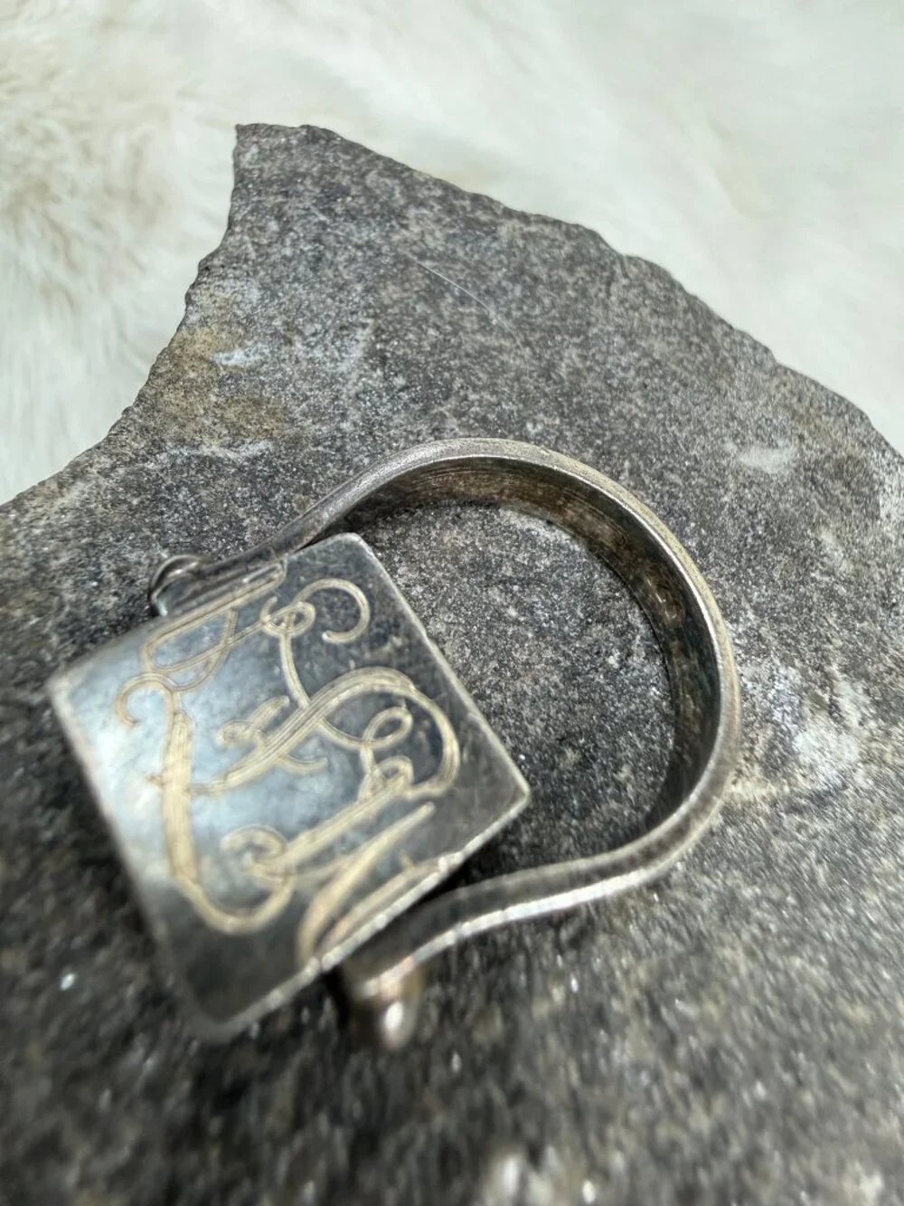 Vintage Sterling Silver Etched Palm Tree & Monogram Spin Ring Size 5.75